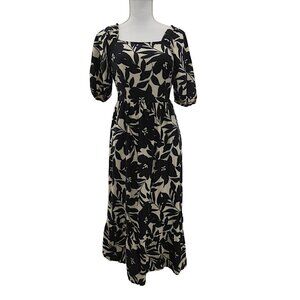 Cottagecore Black Tan Linen Puff Sleeve Tie Back Cutout Midi Dress Size S Floral